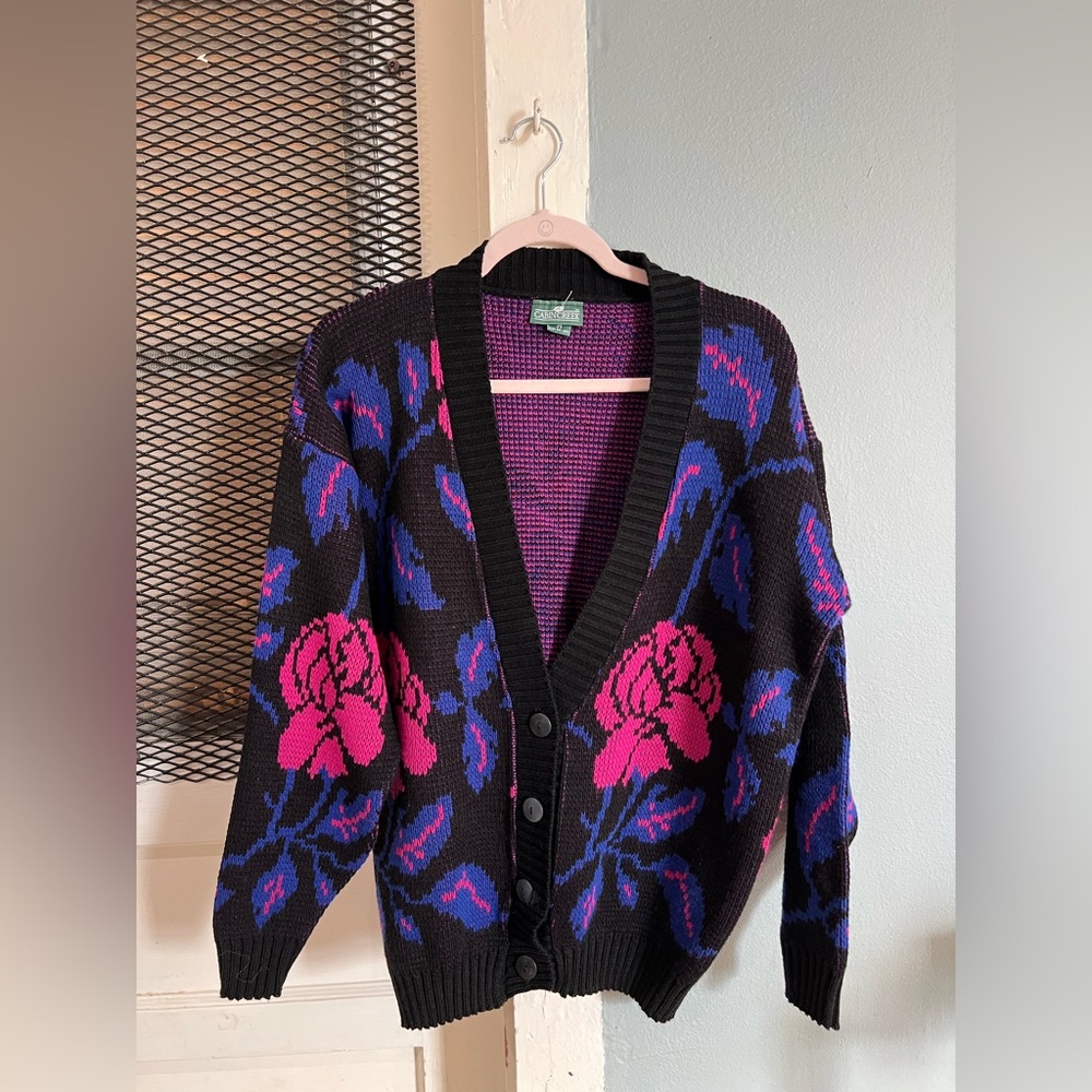 Cabin Creek Black Cardigan with Pink & Blue Knit Interior